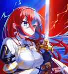  1girl absurdres alear_(female)_(fire_emblem) alear_(fire_emblem) blue_background blue_eyes blue_hair bow cape closed_mouth crossed_bangs fire_emblem fire_emblem_engage gloves hair_between_eyes heterochromia highres holding holding_sword holding_weapon liberation_(fire_emblem) long_hair looking_to_the_side mky_kmy multicolored_hair red_eyes redhead simple_background solo split-color_hair sword tiara two-tone_hair weapon white_bow 