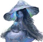  1girl absurdres blue_eyes blue_gemstone blue_hair blue_skin chinese_commentary cloak collared_dress colored_skin commentary cracked_skin dress elden_ring expressionless extra_arms extra_faces from_side full_body fur_cloak gem grey_cloak hat highres holding holding_jewelry holding_ring jewelry looking_at_viewer medium_hair mini_person minigirl one_eye_closed oversized_hat qiqiqiqi ranni_the_witch ring seiza simple_background sitting solo wavy_hair white_background white_dress white_headwear witch_hat 