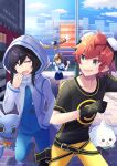  1girl 2boys 3others aiba_takumi belt black_gloves black_shirt blue_eyes blue_sky cityscape clouds date_makiko day digimon digimon_story:_cyber_sleuth flying gloves goggles goggles_on_head highres hood hoodie keramon lopmon mizuki_(lvo0x0ovl) multiple_boys multiple_others open_mouth outdoors pants police police_uniform policewoman red_eyes redhead running sanada_arata sharp_teeth shirt short_hair short_sleeves sky teeth terriermon uniform yellow_pants 