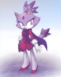  1girl animal_ears bag blaze_the_cat cat_ears cat_girl cat_tail coat eyelashes forehead_jewel fur-trimmed_gloves fur_trim furry furry_female gloves high_heels highres nancher ponytail purple_fur purple_scarf red_coat red_footwear scarf shoulder_bag sonic_(series) tail white_gloves yellow_eyes 