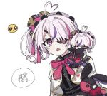  1girl ahoge black_flower black_rose black_shirt collared_shirt cropped_jacket emoji eyepatch flower heart heart_ahoge jacket maria_marionette medium_hair multicolored_hair nijisanji nijisanji_en one_eye_covered open_mouth pink_hair pitsuv6 pleading_face_emoji purple_hair rose school_uniform shirt side_ponytail sir_ventrilo_(maria_marionette) streaked_hair stuffed_animal stuffed_rabbit stuffed_toy virtual_youtuber white_jacket 