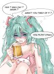  1girl absurdres alcohol bandaid beer blue_eyes blue_hair blush drunk english_text fang hair_between_eyes hair_ornament hatsune_miku highres knees_up long_hair miku_day open_mouth pink_tank_top shaded_face skin_fang sweat tank_top twintails twitter_username very_long_hair vocaloid white_background wwparasi x_hair_ornament 