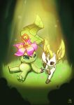  absurdres artist_logo artist_name digimon digimon_(creature) flower grass highres leafeon lushiesart nature no_humans palmon petals plant plant_monster pokemon sharp_teeth sitting sunlight teeth watermark 