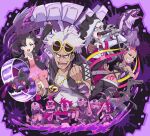  5boys 5girls absurdres arm_up bandana bandana_over_mouth banner black_eyeshadow black_hair black_jacket black_pants bracelet breasts chain choker clenched_hand crop_top dress eyeshadow eyewear_on_head facepaint flag gold_chain golisopod green_eyes grin guzma_(pokemon) hair_ornament hat highres holding holding_flag holding_microphone jacket jewelry makeup marnie_(pokemon) medium_breasts microphone microphone_stand morpeko morpeko_(hangry) multicolored_hair multiple_boys multiple_girls navel obstagoon open_mouth outstretched_arm pants piers_(pokemon) pink_background pink_dress pink_hair pink_theme plumeria_(pokemon) pointing pointing_at_viewer pokemoa pokemon pokemon_(creature) pokemon_(game) pokemon_masters_ex pokemon_sm pokemon_swsh purple_background purple_theme salazzle shirt skull_hair_ornament small_breasts smile splatter_background stomach stomach_tattoo streaked_hair tattoo team_skull team_skull_grunt team_yell team_yell_grunt teeth twintails v-shaped_eyebrows watch watch white_hair white_jacket white_shirt 