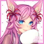  1girl animal_ears artist_name blue_eyes blush closed_mouth commission flower fox_ears fox_girl hair_flower hair_ornament hand_fan highres holding holding_fan long_hair looking_at_viewer murmoruno original pink_hair smile solo upper_body 