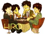  4boys age_progression black_eyes black_footwear brown_coat brown_hair brown_jacket closed_eyes closed_mouth coat commentary_request full_body grey_jacket grey_pants grin hero_-_akagi_no_ishi_wo_tsugu_otoko igawa_hiroyuki index_finger_raised jacket long_sleeves looking_at_another mahjong mahjong_table mahjong_tile male_focus multiple_boys multiple_persona necktie open_mouth pants parted_bangs playing_games red_necktie shirt shoes short_bangs short_hair simple_background sitting smile sneakers striped_necktie suit t_k_g table ten_(manga) white_background white_footwear white_shirt 