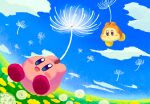  aruco_co blue_sky blush_stickers clouds colored_skin commentary_request dandelion dandelion_seed field flower flower_field highres kirby kirby_(series) no_humans open_mouth pink_skin sky smile solid_oval_eyes waddle_dee 
