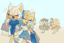  2boys 2girls amy_rose animal_ears animal_nose bag bat_ears bat_girl bat_wings blue_background bracelet closed_eyes commentary dress english_commentary fang furry furry_female furry_male gloves hand_on_another&#039;s_arm hand_on_own_face happy highres holding holding_another&#039;s_arm holding_bag jewelry multiple_boys multiple_girls ochibrochi open_mouth rouge_the_bat shadow_the_hedgehog shoes shopping_bag short_sleeves simple_background skirt smile sonic_(series) sonic_the_hedgehog white_gloves wings 