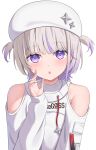  1girl bare_shoulders blunt_bangs clothing_cutout commentary grey_hair hand_up hat highres hololive kag_tsukimi looking_at_viewer medium_hair multicolored_hair open_mouth purple_hair shoulder_cutout simple_background solo streaked_hair todoroki_hajime upper_body violet_eyes virtual_youtuber white_background white_headwear 