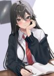  1girl black_cardigan black_hair blurry blurry_background blush brown_eyes cardigan closed_mouth collared_shirt commentary_request depth_of_field desk diagonal-striped_necktie hair_between_eyes hamu_(plot_sy) highres long_hair long_sleeves looking_at_viewer necktie open_cardigan open_clothes puffy_long_sleeves puffy_sleeves red_necktie school_desk school_uniform shimizu_kei shirt solo tonari_no_seki_no_yankee_shimizu-san_ga_kami_wo_kuroku_somete_kita upper_body very_long_hair white_shirt 