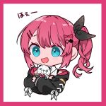  1girl :d black_jacket black_ribbon blue_eyes blush border chibi commentary_request cropped_torso hair_ornament hair_ribbon hairclip highres jacket kashikaze kuramochi_meruto long_sleeves looking_at_viewer nijisanji open_mouth pink_border pink_hair ribbon side_ponytail sidelocks smile solo virtual_youtuber white_background 