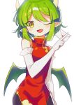  1girl absurdres black_pants blush breasts brown_eyes china_dress chinese_clothes draco_centauros dragon_girl dragon_horns dragon_wings dress elbow_gloves fang gloves green_hair highres holding holding_letter horns letter looking_at_viewer medium_breasts offbeat one_eye_closed open_mouth pants pointy_ears puyopuyo red_dress simple_background sleeveless sleeveless_dress smile solo white_background white_gloves wings 