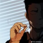  1boy beard_stubble cigarette closed_eyes facial_hair head_out_of_frame holding holding_cigarette male_focus mature_male original portrait r.l_(2089184064) salaryman short_hair sideburns solo stubble thick_eyebrows 