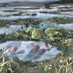  commentary english_commentary flower full_body grass green_eyes highres leaf nature no_humans open_mouth outdoors pokemon pokemon_(creature) puddle reflection reflective_water sakusakufugashi scenery standing turtwig water yanma yanmega 