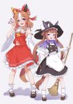 2girls alternate_costume animal_ears apron blush bow commentary_request copano_rickey_(umamusume) cosplay detached_sleeves full_body hair_bow hair_ornament hakurei_reimu hakurei_reimu_(cosplay) hat highres horse_ears horse_girl horse_tail kirisame_marisa kirisame_marisa_(cosplay) long_hair medium_hair midriff_peek multiple_girls navel open_mouth ponpochi school_uniform shoes simple_background standing sweep_tosho_(umamusume) tail touhou umamusume violet_eyes white_background witch_hat 