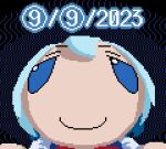  1girl 2023 avolicis blue_background blue_eyes blue_hair bow bowtie cirno cirno_day closed_mouth commentary dark_background dated english_commentary fumo_(doll) hair_between_eyes looking_at_viewer photo-referenced pixel_art portrait puffy_short_sleeves puffy_sleeves red_bow short_sleeves simple_background smile smug solo straight-on striped striped_background touhou 