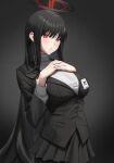  1girl absurdres black_background black_hair black_jacket black_skirt blue_archive blush breasts gileu hair_ornament halo hands_on_own_chest highres jacket large_breasts long_hair long_sleeves open_mouth pantyhose red_eyes rio_(blue_archive) skirt solo sweater turtleneck turtleneck_sweater white_sweater 