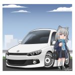  1girl absurdres animal_ears bag blue_archive car chibi closed_mouth fake_animal_ears highres looking_at_viewer motor_vehicle pwnedbyusagi school_bag school_uniform shiroko_(blue_archive) short_hair solo volkswagen 