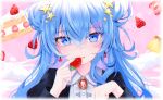  1girl absurdres blue_eyes blue_hair blue_nails blush commentary crossed_bangs double_bun earrings food fruit hair_between_eyes hair_bun hair_ornament hairclip hands_up heart heart_earrings highres holding holding_food hololive hoshimachi_suisei jewelry long_hair looking_at_viewer mia_(mk2022) open_mouth pink_background solo star_(symbol) strawberry upper_body 