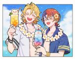  2boys :d alear_(fire_emblem) alear_(male)_(fire_emblem) amber_(fire_emblem) blonde_hair blue_hair blue_sky bracelet closed_eyes cocktail_glass cup drink drinking_glass fire_emblem fire_emblem_engage flower highres jewelry kuhaha male_focus multicolored_hair multiple_boys open_clothes open_mouth open_shirt redhead shirt short_hair sky smile sommie_(fire_emblem) teeth two-tone_hair upper_teeth_only 