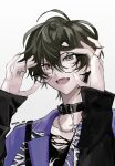  1boy adjusting_eyewear alternate_costume aqua_eyes belt belt_buckle belt_collar black_belt black_hair buckle collar commentary ensemble_stars! fangs grey_background hair_between_eyes hands_up heterochromia highres jewelry kagehira_mika lapels long_sleeves looking_at_viewer male_focus necklace notched_lapels nyn_co open_mouth orange_eyes ring round_eyewear short_hair simple_background solo symbol-only_commentary teeth twitter_username upper_body 