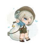  1girl ;) bag bird blue_eyes blue_ribbon blue_sleeves boater_hat braid brown_footwear brown_headwear brown_shorts chibi closed_mouth duck foot_up full_body grey_bag grey_hair grey_socks hair_ornament hair_ribbon hair_rings hairpin haku_(haku746655) halftone halftone_background hand_on_own_hip heart highres leg_tattoo looking_at_viewer matilda_bouanich medium_hair official_alternate_costume one_eye_closed outstretched_arm parted_bangs plaid_socks reverse:1999 ribbon shirt shorts shoulder_bag shrug_(clothing) smile socks solo standing suspender_shorts suspenders tattoo twin_braids v white_background white_shirt 