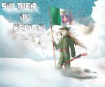  124638795684234879 1girl absurdres blizzard bolt_action carcano flag flagpole ghost green_eyes green_headwear green_jacket green_pants gun hat_feather highres holding holding_flag indie_virtual_youtuber italian_army italian_flag italian_kingdom_flag jacket load_bearing_vest long_hair military_uniform mountain orange_hair pants ponytail rifle sabaton_(band) sidelocks snow soldier solo star_(symbol) torn_flag uniform virtual_youtuber weapon world_war_i 