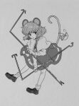  1girl absurdres animal animal_ears capelet dowsing_rod dress full_body greyscale highres kamenozoki_momomo long_sleeves monochrome mouse mouse_ears mouse_tail nazrin one-hour_drawing_challenge open_mouth shoes short_hair signature simple_background socks solo tail touhou twitter_username white_background 