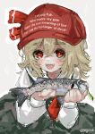  :d animal ascot baseball_cap black_dress blonde_hair blush bow collared_shirt dress fangs fish fishing_lure hair_between_eyes hair_bow hat highres holding holding_animal holding_fish looking_at_viewer medium_hair meme red_bow red_eyes red_headwear rumia shirt smile teeth thick_eyebrows touhou twitter_username upper_teeth_only white_background white_shirt wwparasi 