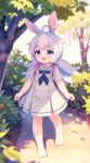  1girl absurdres ahoge animal_ear_fluff animal_ears barefoot blue_archive blue_eyes child dress feet full_body halo highres kinoshita_ringo_(ryve5758) long_hair low_twintails nature open_mouth outdoors rabbit_ears rabbit_girl reisa_(blue_archive) short_sleeves smile solo toes tree twintails walking white_dress white_hair 