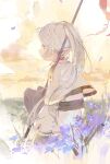  1girl capelet elf flower frieren grass highres holding holding_staff kurikabacha long_hair long_sleeves pointy_ears profile sitting sketch sky solo sousou_no_frieren staff twintails white_capelet white_hair 