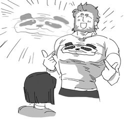  ^_^ animal_print bear_print beard blush closed_eyes cropped_legs facial_hair fate/grand_order fate/zero fate_(series) greyscale iskandar_(fate) large_pectorals male_focus monochrome muscular muscular_male panda_print pectorals pointing pointing_at_self print_shirt red_eyes redhead shababuru shirt short_hair staring t-shirt undersized_clothes waver_velvet 