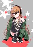  1girl :t ahoge black_thighhighs blunt_bangs closed_mouth collarbone commentary full_body glasses green_jacket grey_background head_rest headphones jacket long_hair looking_at_viewer off_shoulder orange_hair persona persona_5 pipioo088 sakura_futaba shoes sitting smile sneakers solo starry_background thigh-highs torn_clothes torn_thighhighs very_long_hair violet_eyes 