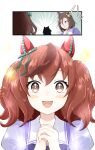  3girls absurdres air_groove_(umamusume) animal_ears aomiharuwa black_hair blush_stickers brown_eyes commentary_request hair_between_eyes hair_ornament highres horse_ears horse_girl long_hair looking_at_viewer looking_back multiple_girls nice_nature_(umamusume) open_mouth own_hands_together portrait redhead ribbon school_uniform solo symboli_rudolf_(umamusume) tracen_school_uniform umamusume 