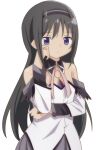  1girl absurdres akemi_homura bare_shoulders black_collar black_hair closed_mouth collar detached_collar detached_sleeves grey_skirt hand_up hateri highres long_hair long_sleeves looking_at_viewer magical_girl mahou_shoujo_madoka_magica mahou_shoujo_madoka_magica:_walpurgis_no_kaiten neck_ribbon pink_ribbon ribbon shirt simple_background skirt solo upper_body violet_eyes white_background white_shirt 