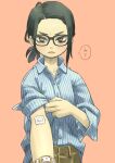  1girl black_hair blue_shirt brown_pants chiyo_maru commentary_request dress_shirt forehead gauze_on_arm glaring highres light_blush light_frown looking_at_viewer low_ponytail orange_background original outstretched_arm pants parted_lips pinstripe_pattern pinstripe_shirt rolling_sleeves_up shirt shirt_partially_tucked_in short_hair short_ponytail simple_background solo speech_bubble striped tsurime unbuttoned_sleeves undershirt upper_body v-shaped_eyebrows watch watch yellow_eyes 