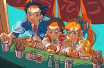  1girl 2boys :d ace_attorney antenna_hair apollo_justice aqua_necktie athena_cykes black_hair blue_eyes blue_jacket blue_ribbon blush_stickers bowl brown_eyes brown_hair chopsticks collared_shirt cup drinking_glass eating food food_stand forked_eyebrows grgrton hair_ribbon jacket jewelry kamaboko lapel_pin lapels layered_sleeves long_hair long_sleeves multiple_boys narutomaki necklace necktie noodles orange_hair parted_lips phoenix_wright ramen red_necktie red_vest ribbon salt_shaker shirt short_hair shot_glass side_ponytail smile spiky_hair suit_jacket sweat swept_bangs v-shaped_eyebrows very_long_hair vest white_shirt yatai yellow_jacket 