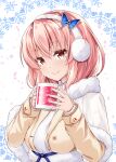 1girl alternate_costume brown_eyes butterfly_hair_ornament coat comiket_97 cup earmuffs fur_trim headphones holding holding_cup long_sleeves looking_at_viewer merxkialis pink_hair saigyouji_yuyuko smile snowflakes solo touhou upper_body winter_clothes winter_coat