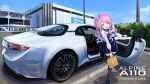  alpine_a110 bag black_thighhighs bow building car character_name day diagonal-striped_bow dress gradient_hair green_eyes hair_bow handbag heterochromia highres himemori_luna hololive long_hair motor_vehicle multicolored_hair outdoors pink_eyes pink_hair purple_hair thigh-highs vehicle_name virtual_youtuber you&#039;a 