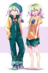  1girl alternate_costume barefoot beanie blue_overalls blush gradient_hair green_overalls green_shorts grey_eyes grey_hair hat hood hoodie komeiji_koishi multicolored_hair multiple_views orange_hoodie orange_shirt overalls purple_footwear purple_hair shimizu_pem shirt shoes shorts sneakers touhou two_side_up 