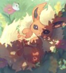  :o blurry bug butterfly commentary_request day flareon flower from_above grass highres looking_at_viewer lying no_humans on_back outdoors pink_flower pokemon pokemon_(creature) shizuki_(angcm8611) yellow_fur 