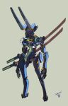  dated grey_background highres horns katana mecha moi_moi7 no_humans open_hands original robot science_fiction solo sword weapon weapon_on_back 