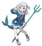  1girl :d blue_eyes blue_hair blue_hoodie blue_nails blue_socks drawstring fins fish_tail full_body gawr_gura grey_hair hair_ornament hand_up holding_trident hololive hololive_english hood hood_down hoodie long_hair long_sleeves mauve multicolored_hair nail_polish shark_tail sharp_teeth shoes simple_background sleeves_past_wrists smile socks solo standing standing_on_one_leg streaked_hair tail teeth two_side_up virtual_youtuber white_background white_footwear wide_sleeves 