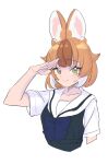  1girl a888_n22 animal_ears blue_bow blue_bowtie blue_shirt blush bow bowtie brown_hair collarbone dhole_(kemono_friends) dog_ears dog_girl hair_between_eyes highres kemono_friends light_brown_hair looking_at_viewer multicolored_hair official_alternate_costume sailor_collar salute school_uniform shirt short_hair short_sleeves sidelocks smile solo t-shirt two-tone_shirt upper_body white_hair white_shirt yellow_eyes 