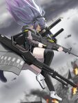  1girl animal_ears arknights black_hair black_shorts black_thighhighs blurry blurry_background cat_ears closed_mouth clouds cloudy_sky commentary depth_of_field english_commentary eye_trail fire green_eyes grey_jacket gun headphones headset highres holding holding_gun holding_weapon hood hood_down hooded_jacket jacket jessica_(arknights) light_trail long_hair long_sleeves looking_down multicolored_hair outdoors ponytail profile puffy_long_sleeves puffy_sleeves purple_hair shoes short_shorts shorts sky solo streaked_hair thigh-highs tofudofu trigger_discipline weapon weapon_request white_footwear 