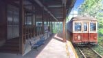  bench blue_sky building bush clouds cloudy_sky day door grass highres meron_2770 morning no_humans original plant railroad_tracks scenery shadow sign sky stairs sunlight sunrise train train_station train_station_platform tree window 