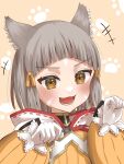  +++ 1girl :d animal_ear_fluff animal_ears aohoshi_non blush bodysuit brown_background brown_eyes brown_hair commentary_request fang gloves hands_up highres long_sleeves looking_at_viewer nia_(xenoblade) paw_pose puffy_long_sleeves puffy_sleeves ribbon_trim simple_background smile solo upper_body v-shaped_eyebrows white_gloves xenoblade_chronicles_(series) xenoblade_chronicles_2 yellow_bodysuit 