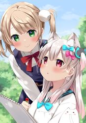  2girls animal_ear_fluff animal_ears black_sailor_collar blue_bow blue_bowtie blue_dress blue_sky blush bow bowtie cat_hair_ornament closed_mouth clouds collared_shirt commentary_request day dress green_eyes grey_hair hair_between_eyes hair_bow hair_ornament indie_virtual_youtuber light_brown_hair multicolored_hair multiple_girls natsume_eri natsume_eri_(vtuber) notepad outdoors parted_lips pinafore_dress pink_bow pink_hair red_bow red_eyes sailor_collar shigure_ui_(vtuber) shirt sky sleeveless sleeveless_dress smile twintails two-tone_hair two_side_up white_shirt 