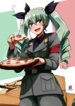  1girl anchovy_(girls_und_panzer) anzio_military_uniform artist_logo artist_name belt black_belt black_necktie black_ribbon black_shirt boots carro_veloce_cv-33 commentary cowboy_shot dress_shirt drill_hair flag_background food gabuillust girls_und_panzer green_hair grey_jacket grey_pants hair_ribbon highres holding holding_food italian_flag jacket knee_boots long_hair long_sleeves looking_at_viewer military_uniform military_vehicle motor_vehicle necktie notice_lines open_mouth pants pizza pizza_slice red_eyes ribbon sam_browne_belt shirt smile solo standing tank twin_drills twintails uniform wing_collar 