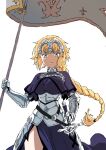 1girl absurdres armor blonde_hair blue_eyes braid breasts cowboy_shot fate/apocrypha fate_(series) flag gauntlets headpiece highres holding holding_flag jeanne_d&#039;arc_(fate) large_breasts long_hair looking_at_viewer mugi0913 sheath sheathed simple_background single_braid solo sword very_long_hair weapon white_background 